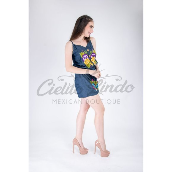 Mexican Denim Romper with Floral Multicolor Embroidery - Picture 4 of 6